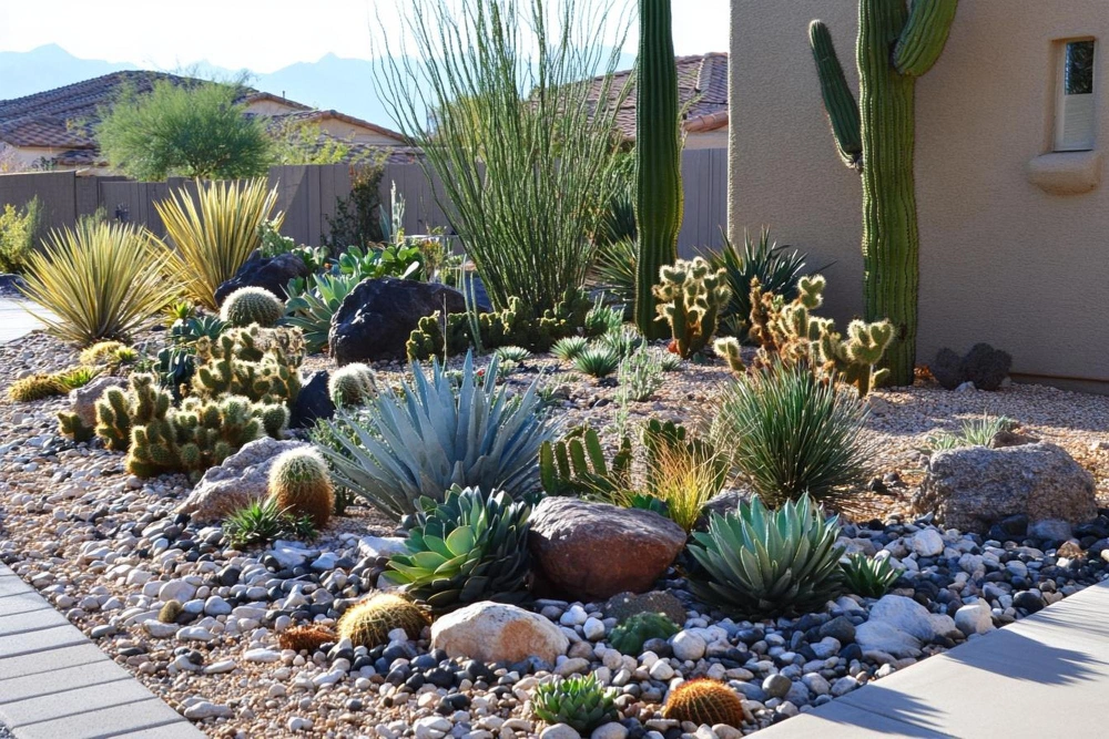 Dallas drought-tolerant front yard with dark gravel, succulents, and low-water native plants