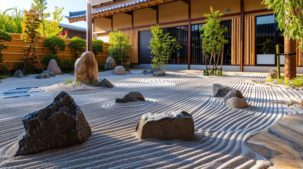 Zen garden with raked sand, stone pathway, and trimmed greenery in a Dallas backyard
